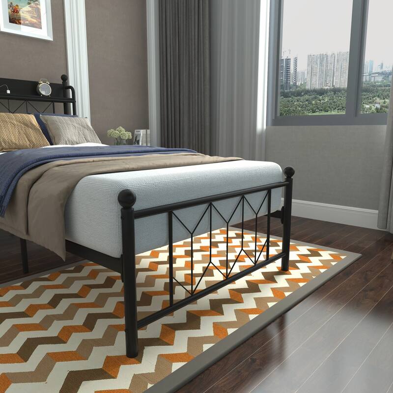 Twin Bed Frames with Headboard and Charging Station and LED Light