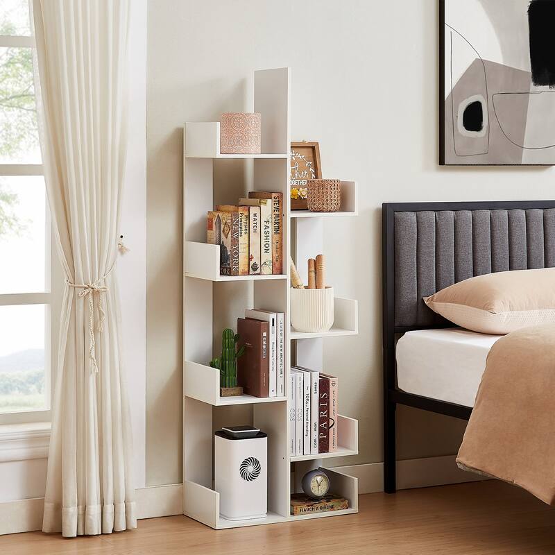 Wooden Tree Bookcase with 8 Book Shelves Freestanding Room Dividers, Floor Standing Storage Rack, Display Shelf - White