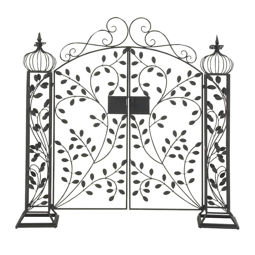 Metal Indoor Outdoor Scrollwork Arched Gate Garden Arbor with Vines and Latch Lock Closure - Black - Roche River Decor