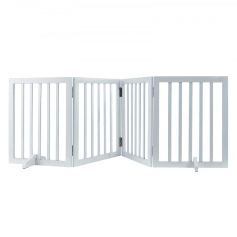 4 Panels Wooden Freestanding Foldable Dog Gate Stand with Footpads Ideal for Indoor Pets - 80.31 x 9.65 x 24.02 in - White