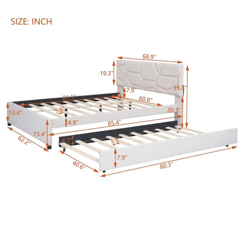 Linen Platform Bed with Trundle and Brick Headboard
