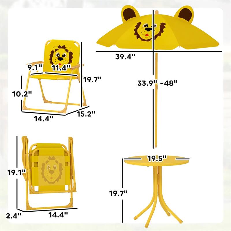 Kids Outdoor Picnic Table and Chair Set with Adjustable Umbrella Lion Pattern Foldable Table and Chairs for Ages 2-5