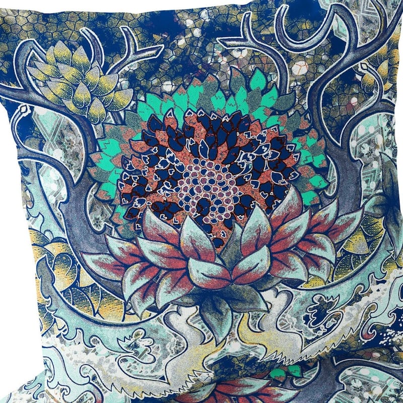 HomeRoots Set of Two 16" X 16" Blue and Yellow Blown Seam Floral Indoor Outdoor Throw Pillow - 16.00' X '16.00' X '5.00