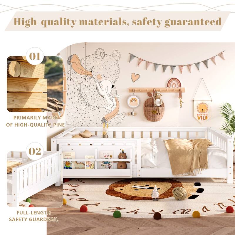 Montessori Floor Bed Low Profile Kids Bed with Rails & Bookshelf