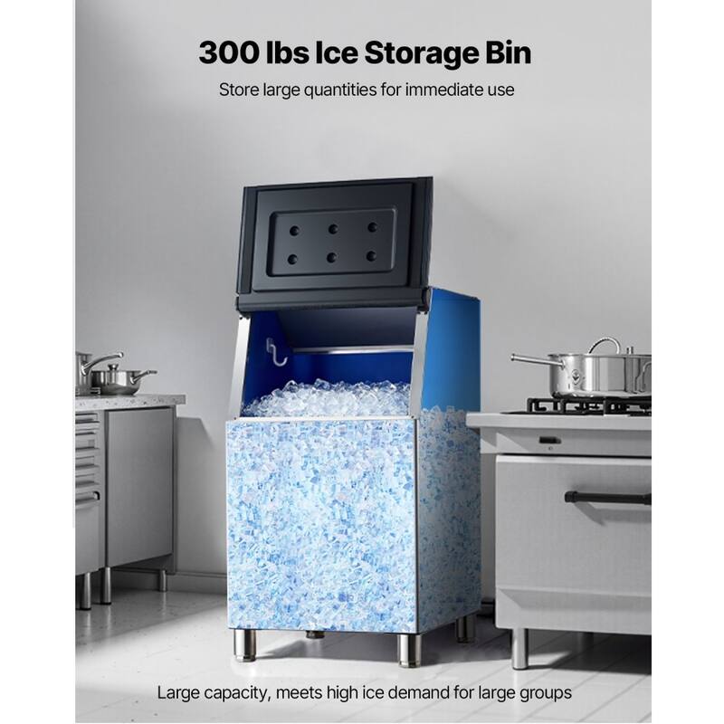 Silver-Black Stainless Steel 430 Commercial Ice Maker Storage Bin 300lbs with Insulated Casing and Adjustable Feet