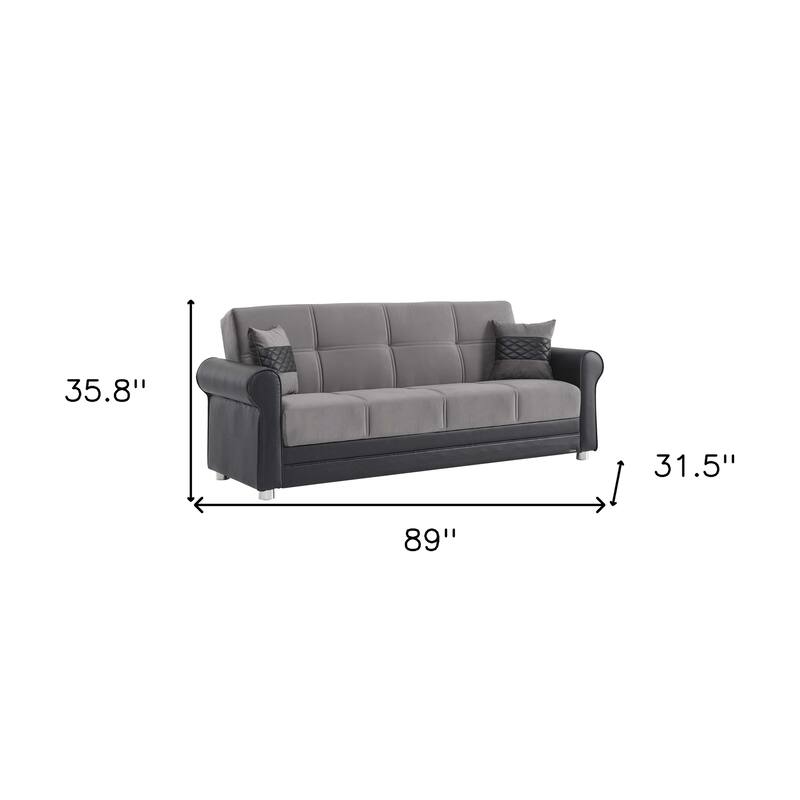 HomeRoots 89" Gray Polyester Convertible Futon Sleeper Sofa And Toss Pillows With Storage