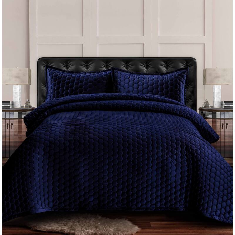 Lugano Honeycomb Velvet Oversized Solid Quilt Set - Navy Blue - Queen