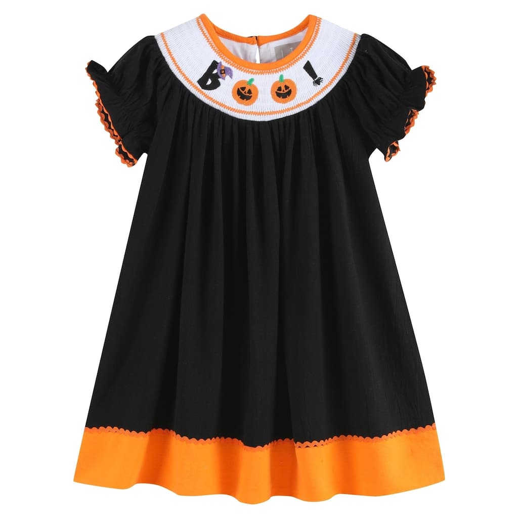 Lil Cactus Black and Orange Boo Halloween Smocked Bishop Dress