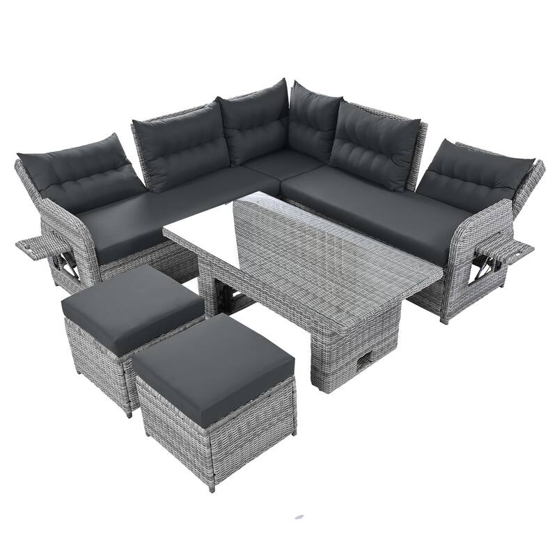 Outdoor Rattan Sectional Sofa Set with Adjustable Table & Recliners