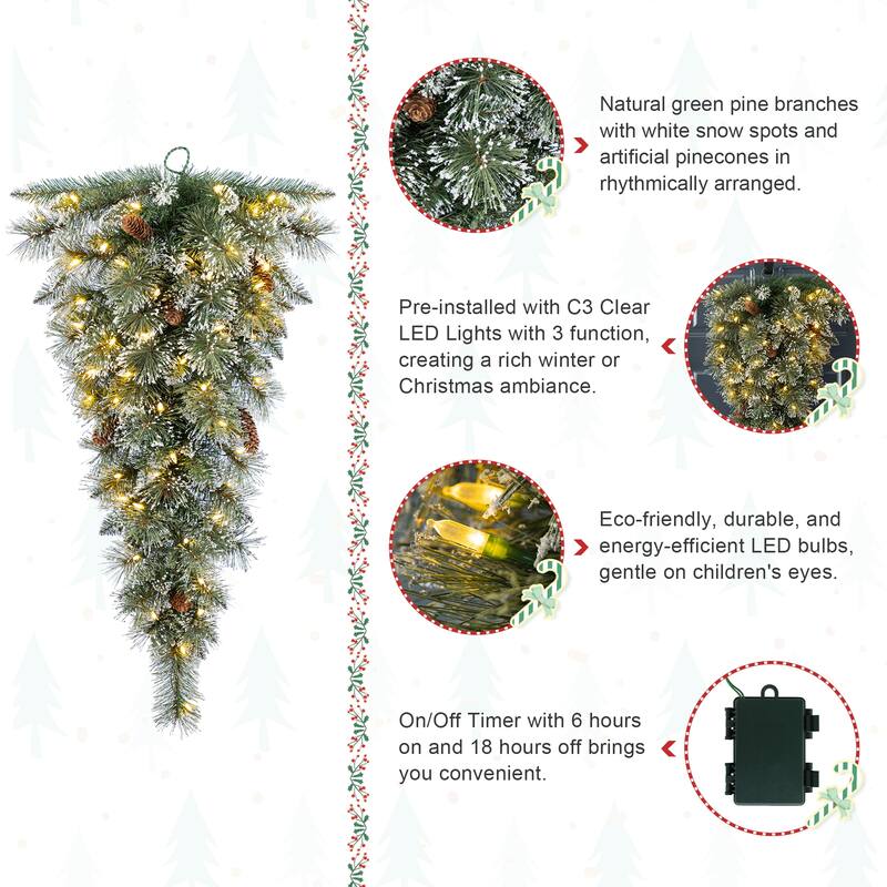 Glitzhome 3ft Pre-Lit Frosted Greenery Pinecones Christmas Teardrop With Timer - 36.00"H