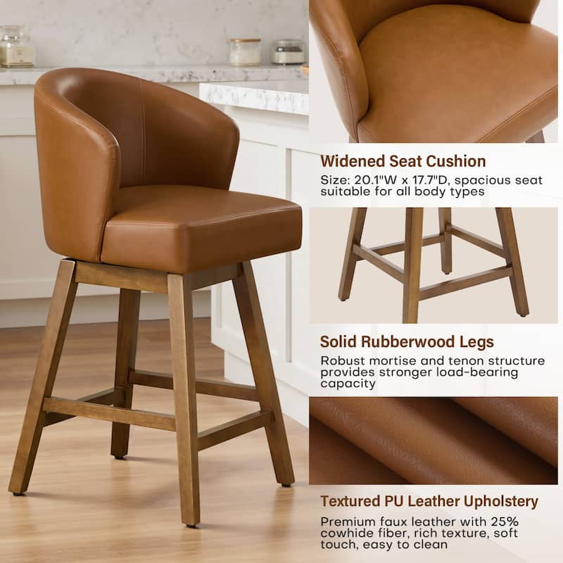 26 Inch Upholstered Swivel Counter Height Bar Stools with Back and Solid Wood Frame - 37.8"H x 20.9"W x 21.3"D