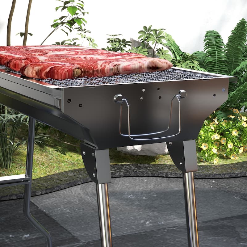 Portable Charcoal Grill Stainless Steel Folding Outdoor BBQ Grill with Pan Grill Rack Hooks, for Backyard Cooking, Camping