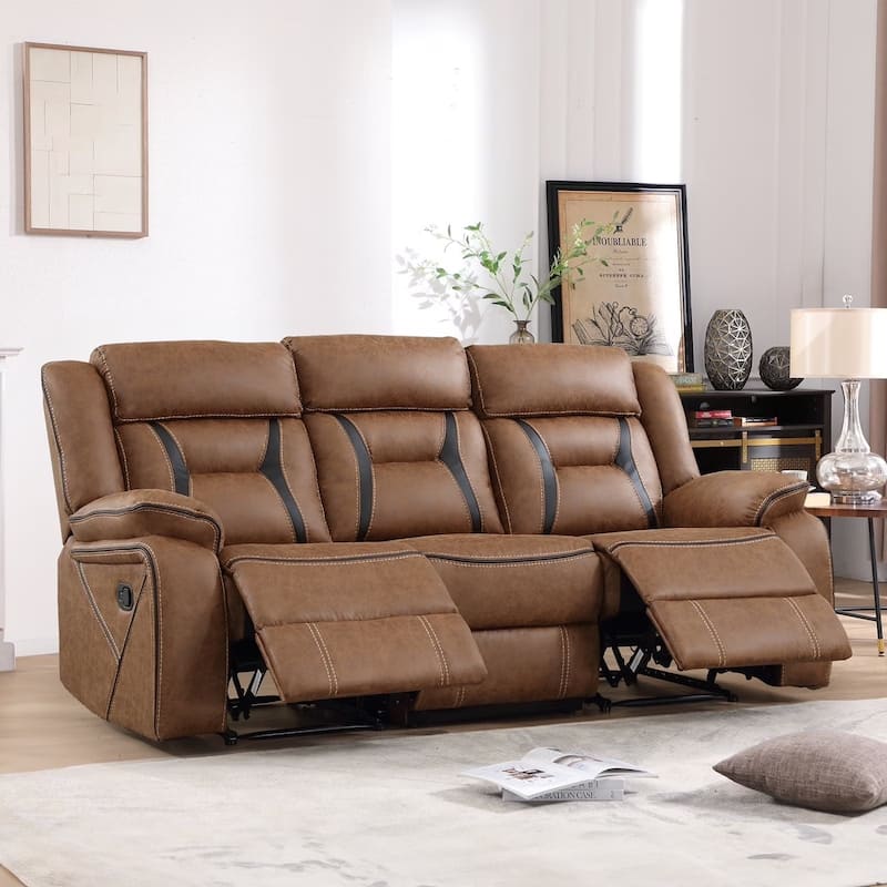 Manual Recliner Sofa Set, Faux Leather Reclining Living Room Furniture Set - Brown - 3 set
