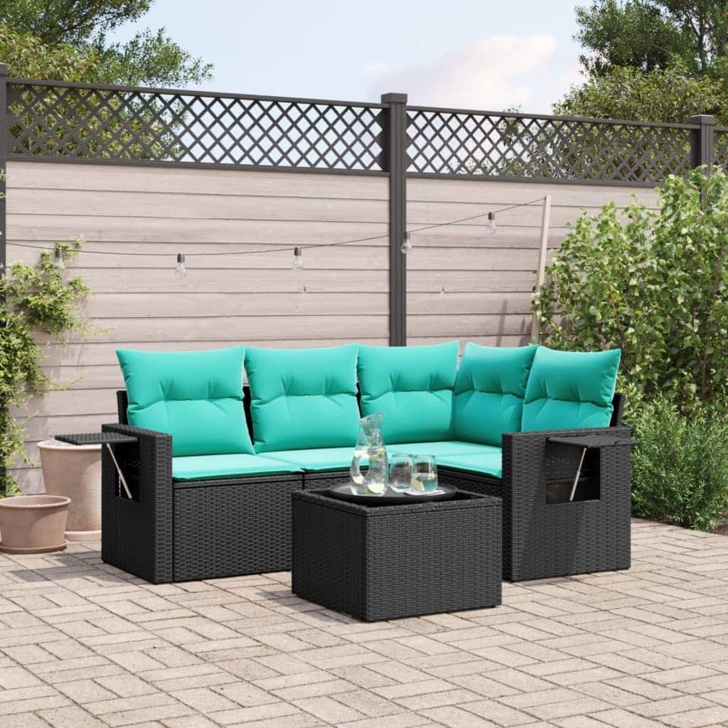 vidaXL 5 Piece Patio Sofa Set with Cushions Black Poly Rattan - 21.7 x 24.4 x 27.2