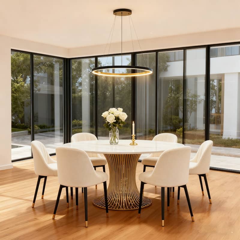 Modern Sintered Stone Round Dining Table With Gold Stainless Steel Pedestal For 6 People - Gold and White