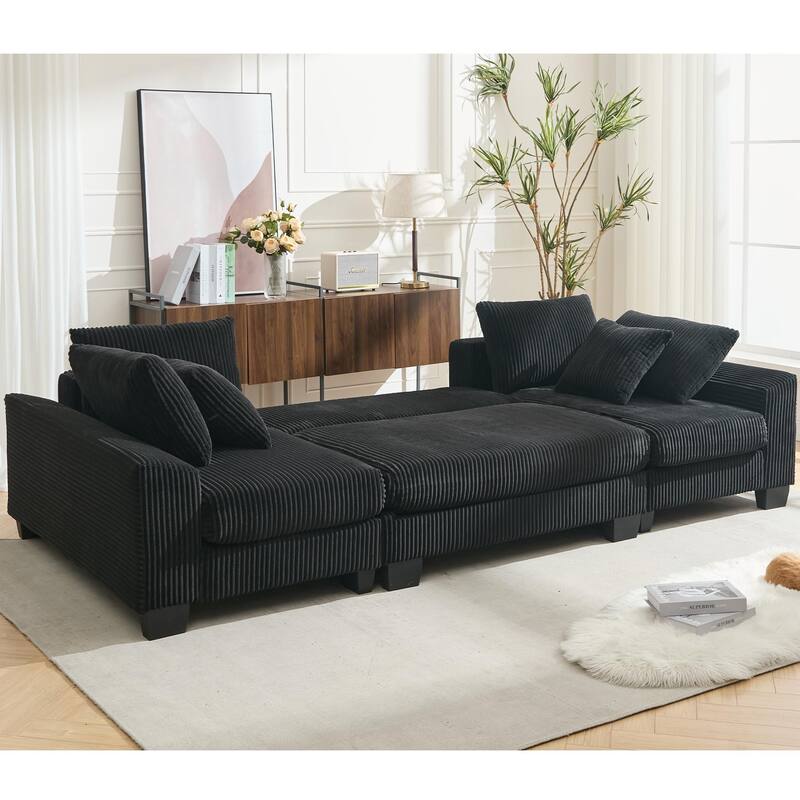 U Shaped Sofa Convertible Pull Out Sleeper Sofa Bed, 2 in 1 Recliner Sectional Couch, Corduroy Upholstery Daybed with Pillow