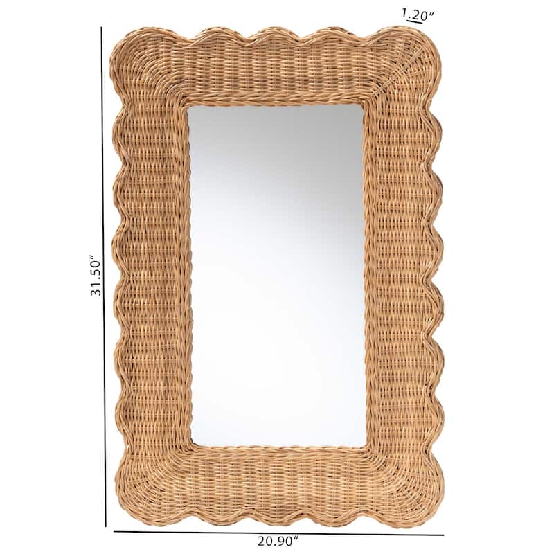 Makoto Scalloped Natural Rattan Wall Mirror - Handwoven Wicker Oval Frame, Boho Coastal Accent Decor for Entryway or Bedroom