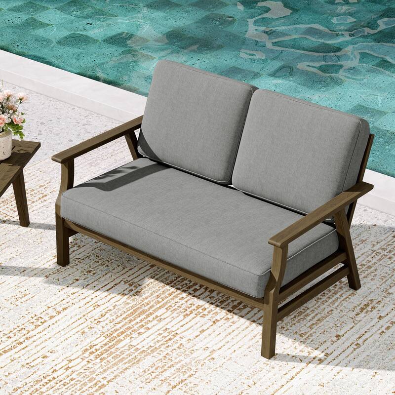 Teak Frame Outdoor Loveseat Daybed with Water-Resistant Cushions. - Grey/Loveseat - Brown Wood