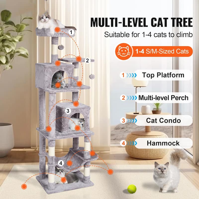 Light Grey Plush 7-Layer Cat Tree with Condos and Hammock Playhouse