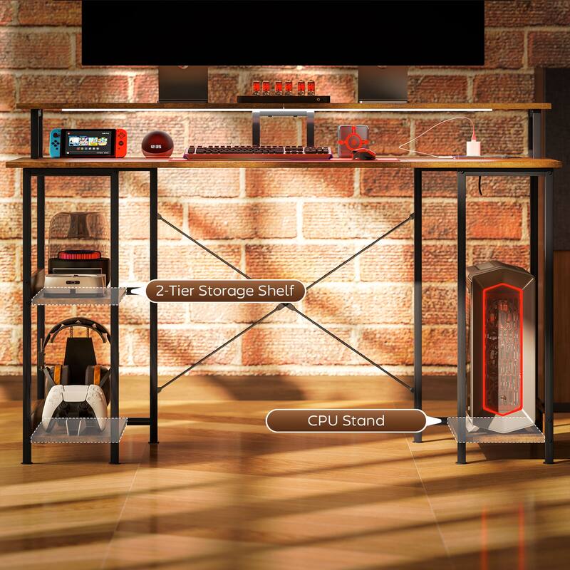 Rustic Brown Gaming Desk with Dual USB Port and Adjustable Monitor Stand Cable Management