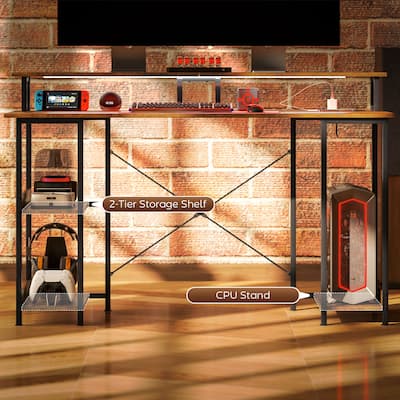 Rustic Brown Gaming Desk with Dual USB Port and Adjustable Monitor Stand Cable Management