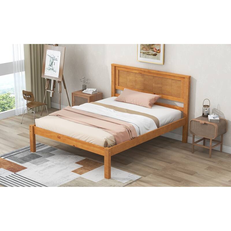 Modern Wooden Platform Bed with Headboard & Wood Slat Support - Oak Finish