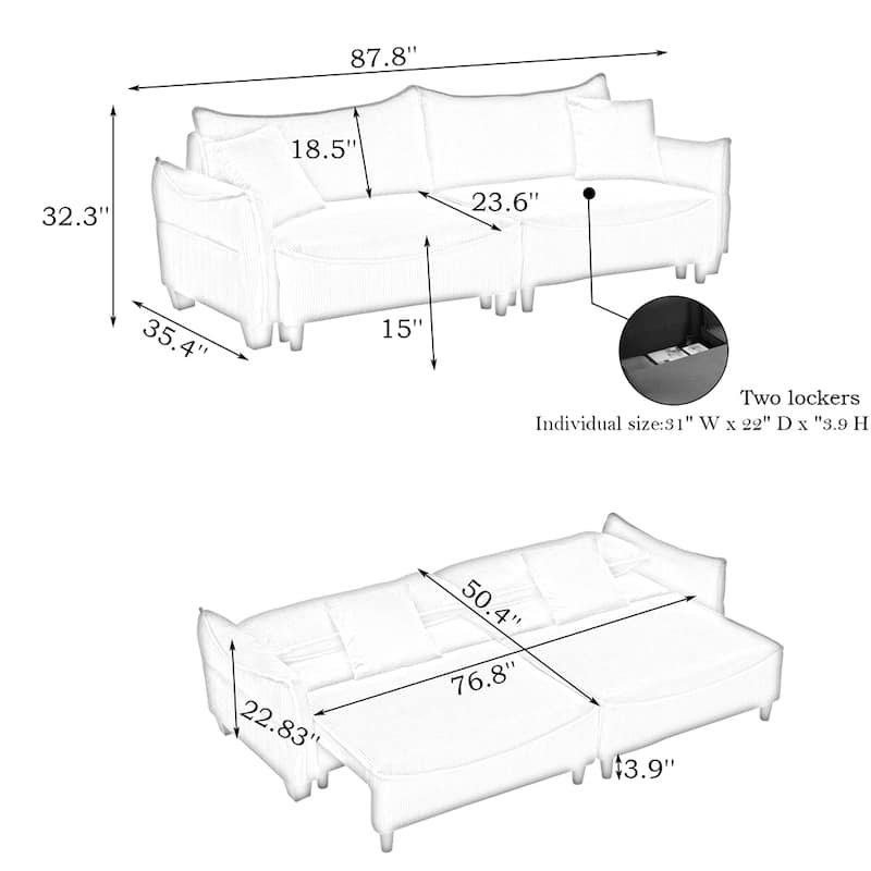 Corduroy Fabric Sofa with 2 Pillows and Legs