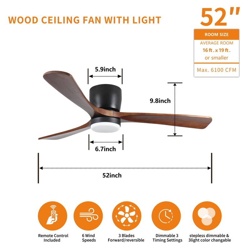 52 inch Wood Ceiling Fans with Lights and Remote, Modern Flush Mount Low Profile Ceiling Fan with Light, 6 Speed