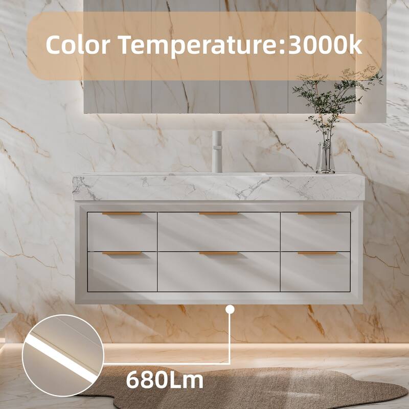 Modland 48" Modern Floating Bathroom Vanity with Single Sink, Soft-Close Drawers, White Stone Countertop