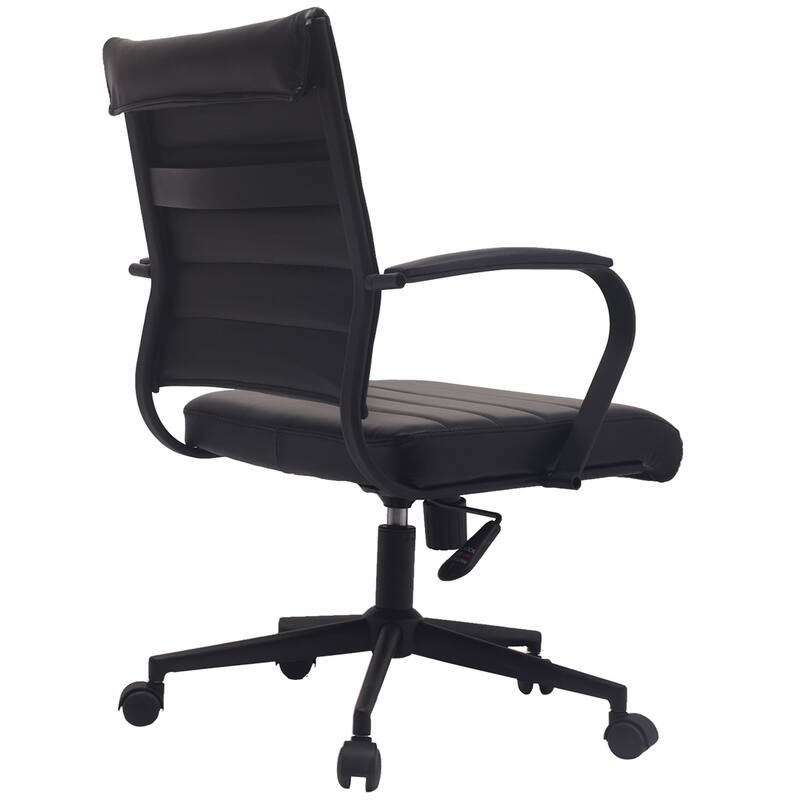 Black Office Chairs Mid Back Ribbed PU Leather Executive Task Work Conference With Arms Wheels Tilt Swivel Rolling