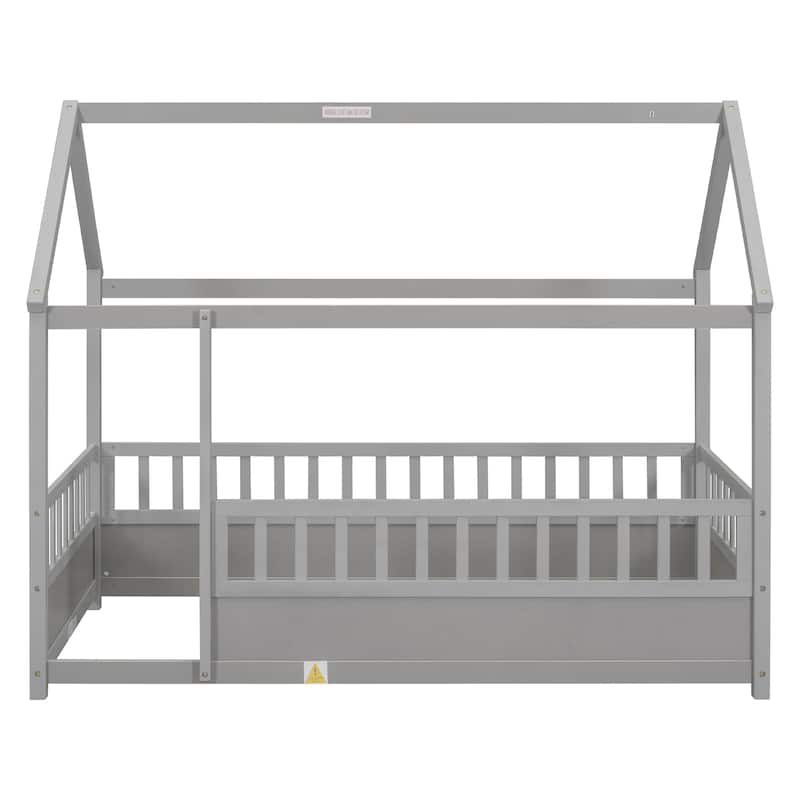 Twin Size Pine Wood Floor Bed with House Roof Frame and Guardrails