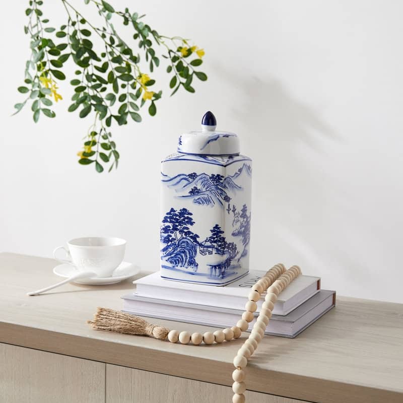 9.44" Blue & White Ceramic Ginger Jar with Lid