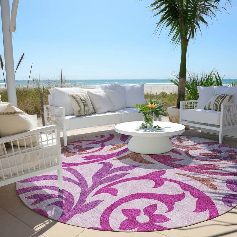 Machine Washable Indoor/ Outdoor Chantille Floral Scroll Rug - Lavender - 8' x 8'