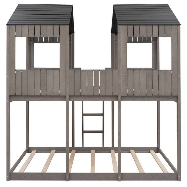 slide 2 of 12, Full Over Full Wood Bunk Bed with Roof, Window, Guardrail, Ladder,Grey Grey - Full
