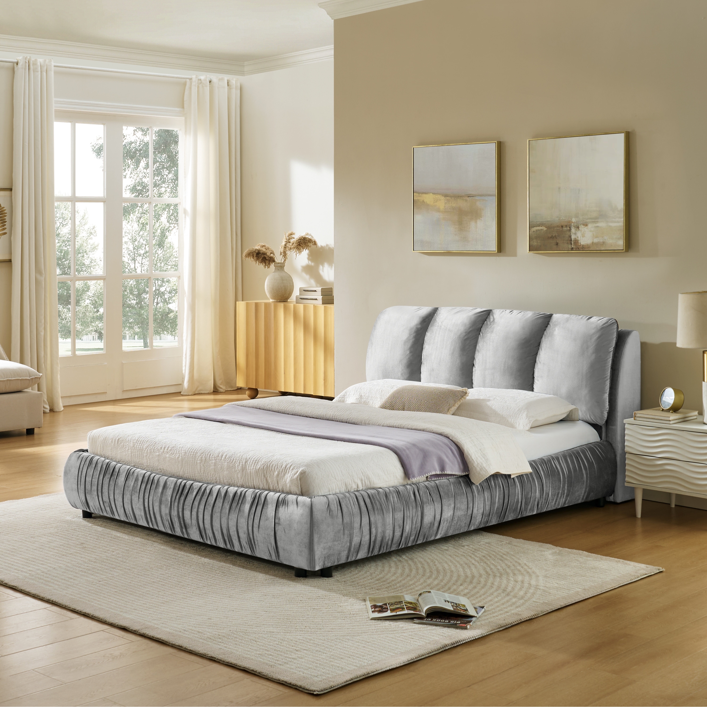 Queen/King Size Upholstered Bed Frame with Modern Minimalist Design and Plush Headboard