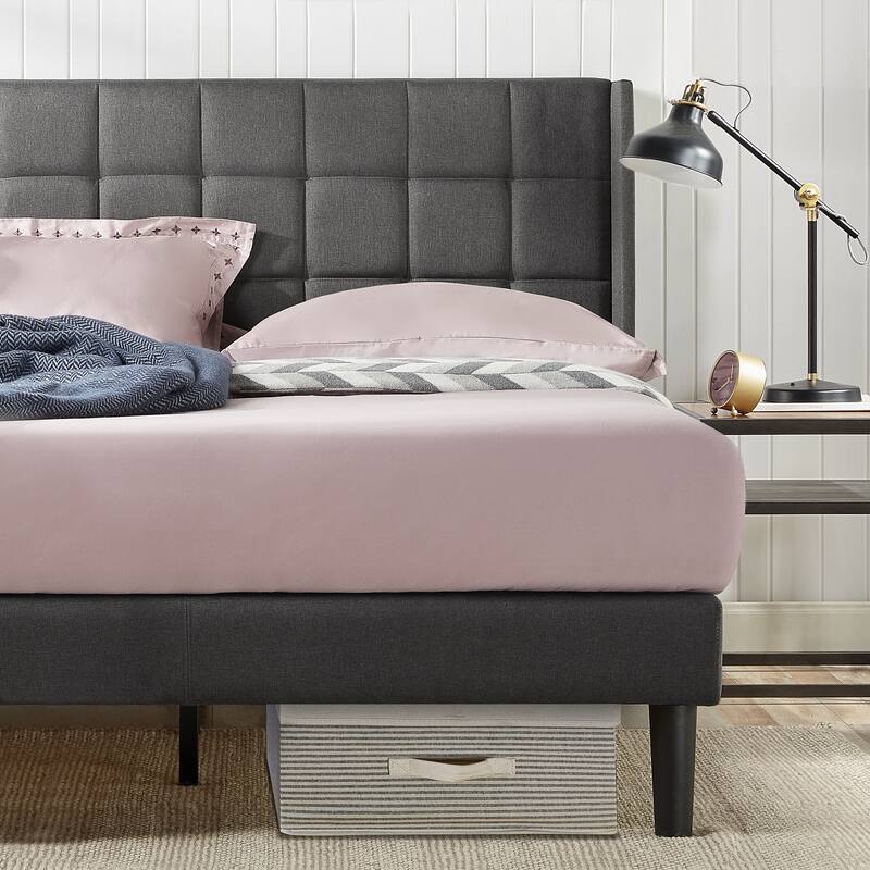Priage by ZINUS Grey Upholstered Square Stitched Wingback Platform Bed Frame