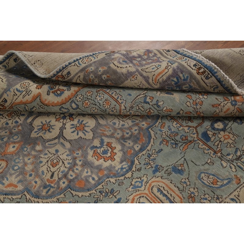 Light Blue Floral Tabriz Persian Area Rug Hand-Knotted Wool Carpet - 6'5"x 9'5"