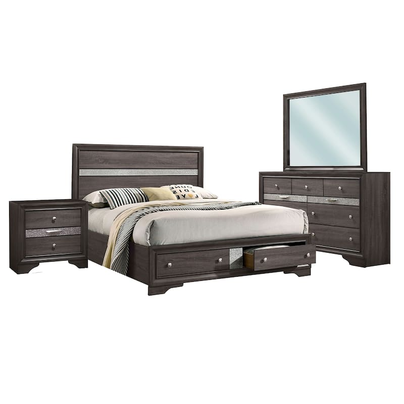 Isy Four Piece Queen Size Bedroom Set, Silver Accent Knobs, Contemporary Gray