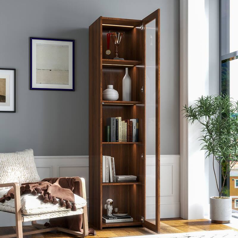 Display Cabinet with Glass Doors, Curio Storage Cabinet with 5 Shelves, Bookcase with LED Lights - Walnut