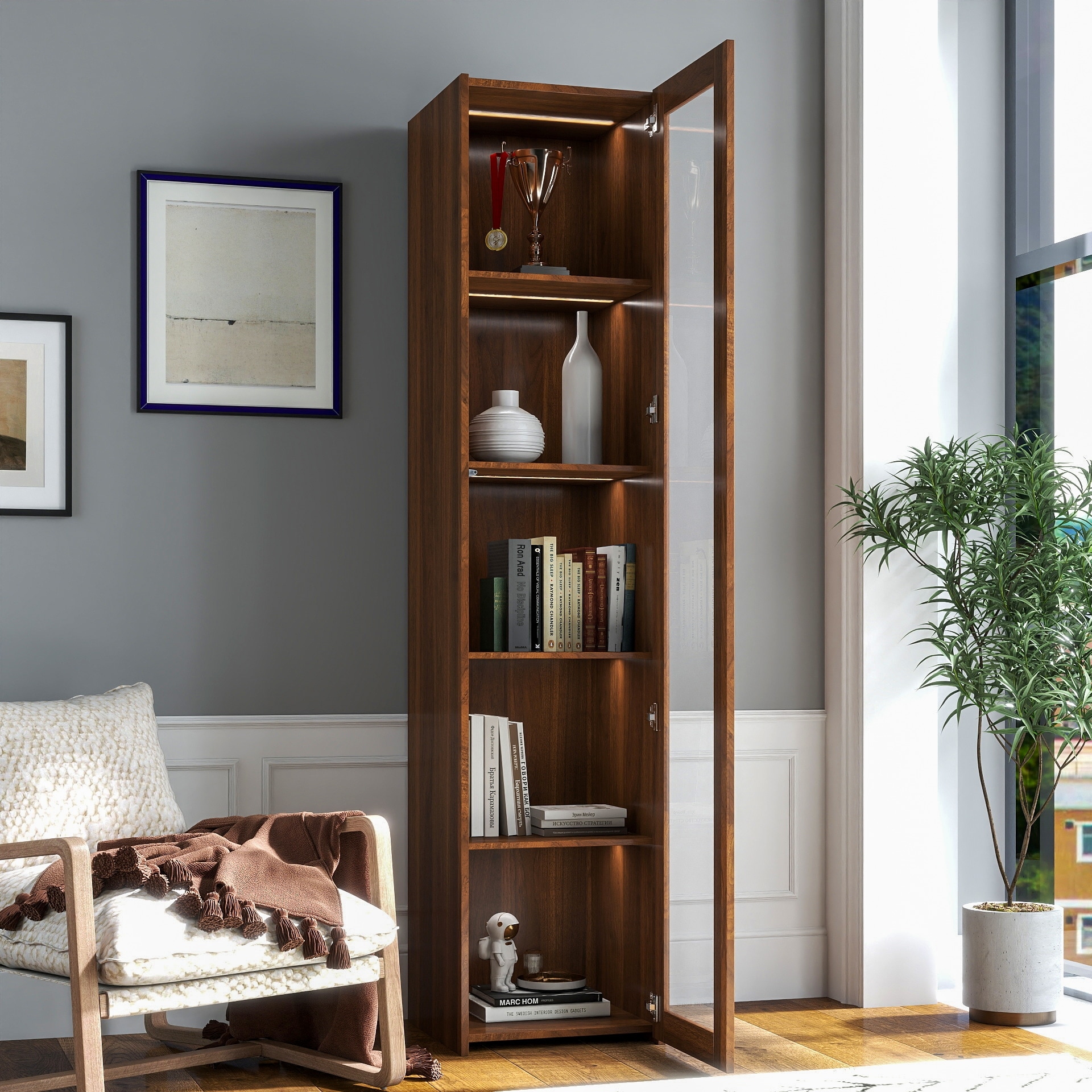 Display Cabinet with Glass Doors, Curio Storage Cabinet with 5 Shelves, Bookcase with LED Lights