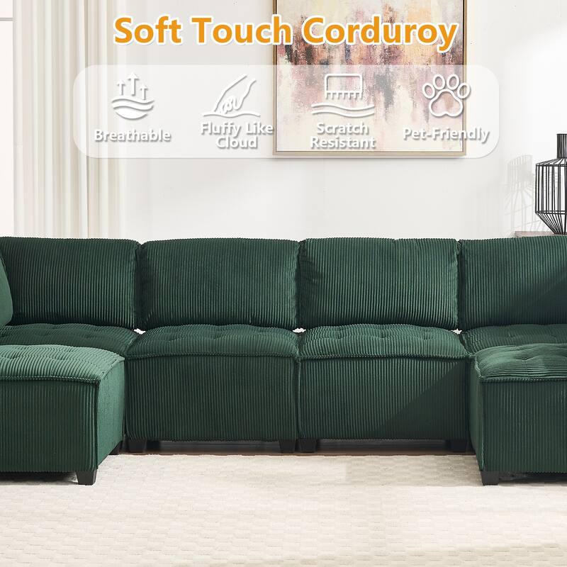 Ergonomic Lounge Modular Couch Corduroy Sectional Sofa with Deep Seat Ottoman Chaise and High-Rebound Thick Cushions