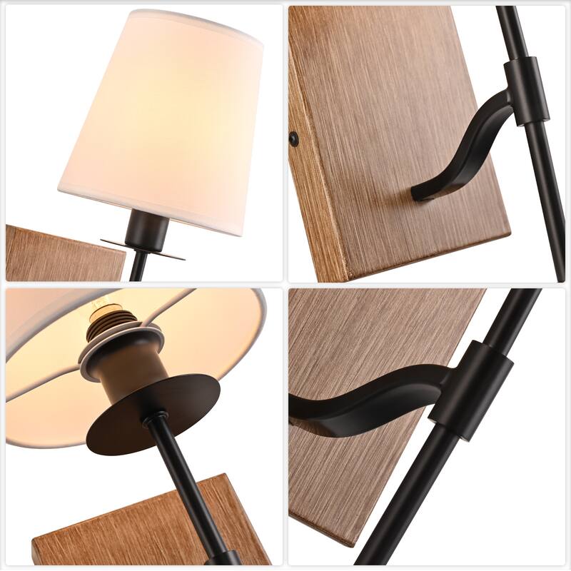 CurveCurio 14" Modern Lamp-Shaped Wall Light with Matte Black Frame and Wood Base, Featuring Elegant White Fabric Shade