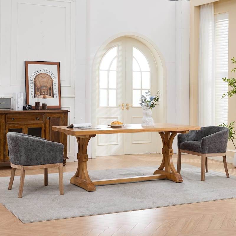 Mid Century Modern Upholstered Barrel Dining Chairs with Arms, Farmhouse Linen Kitchen Chairs with Natural Hardwood Frame