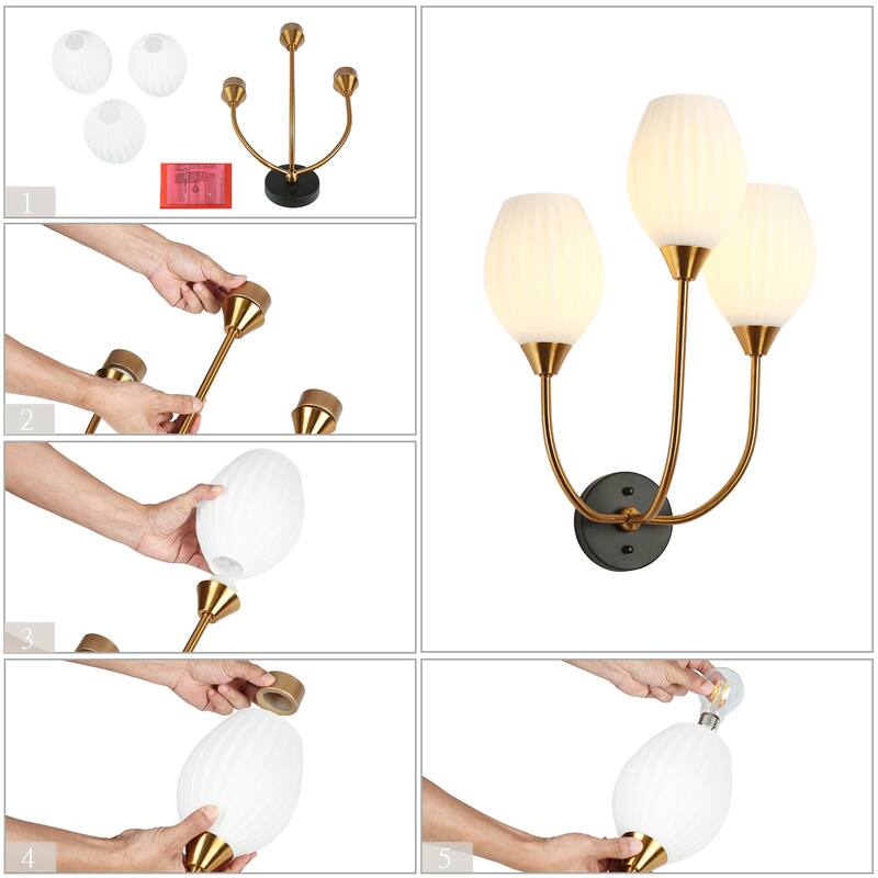 Modern 3-Light Gold Opal Glass Wall Sconce Bathroom Vanity Light - Opal&Brass Gold - 15.3"W*20.8"H