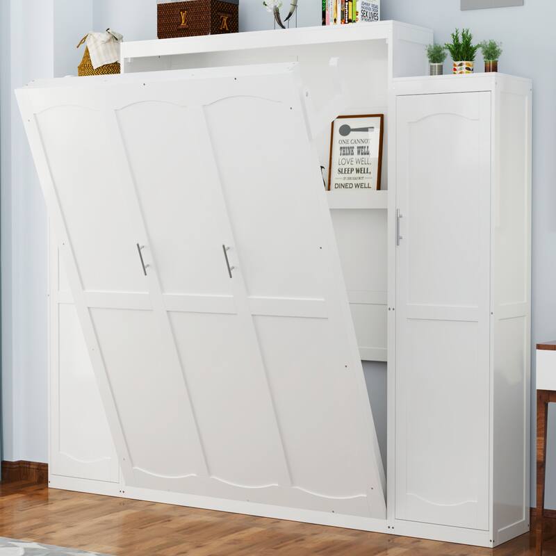 Multifunctional Full/Queen Size Murphy Bed with Storage Shelves and Wardrobe, White Platform Bed