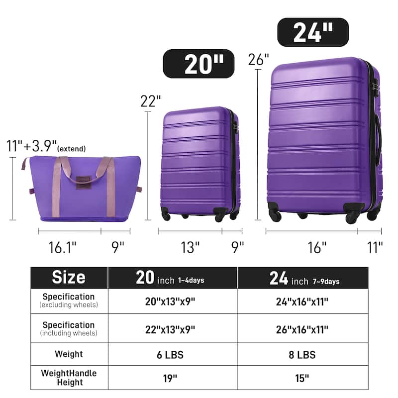 Hardshell Luggage Sets 2Pcs + bag Spinner Suitcase with TSA Lock Lightweight