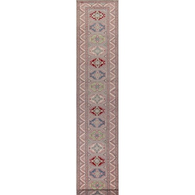 Traditional / Geometric Kazak Oriental Runner Rug Handmade Wool Carpet - 2'7" x 20'1"