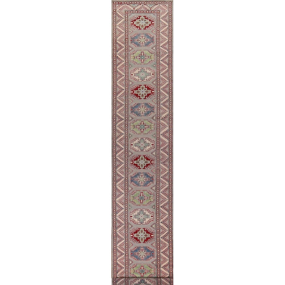 Traditional / Geometric Kazak Oriental Runner Rug Handmade Wool Carpet - 2'7" x 20'1"
