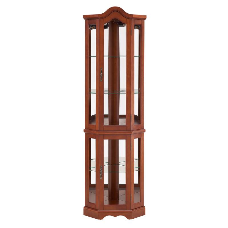 Elegant Walnut Corner Curio Cabinet with Lights, Tempered Glass Shelves, and Mirrored Back for Collectibles