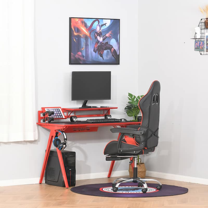 HOMCOM Gaming Desk Workstation with Monitor Shelf, Gamepad Rack, Cup Holder, Headphone Hook, and Cable Basket, Red